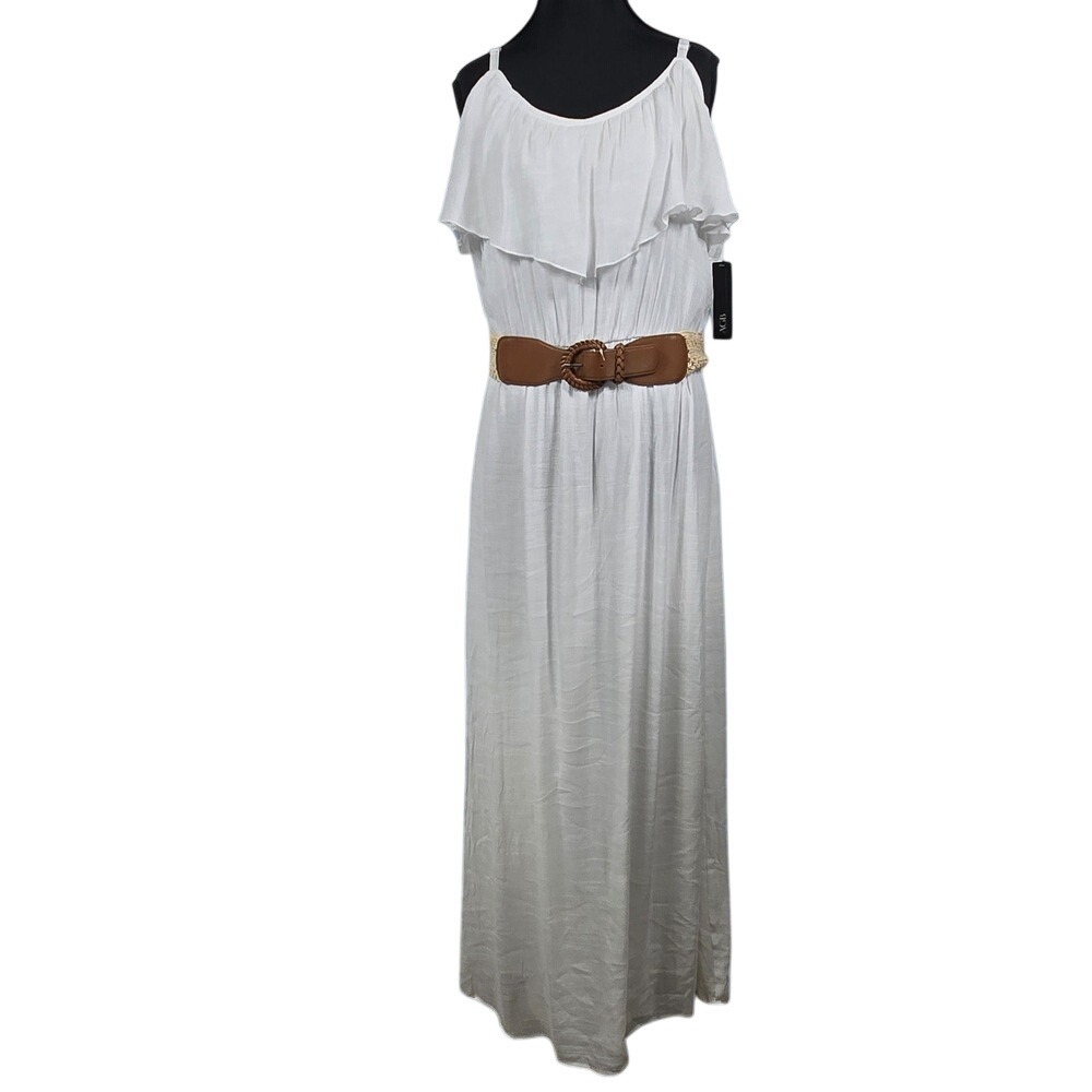NEW AGB White Maxi Dress XL Ruffle Sleeveless‎ Casual Sundress Belted Lined READ